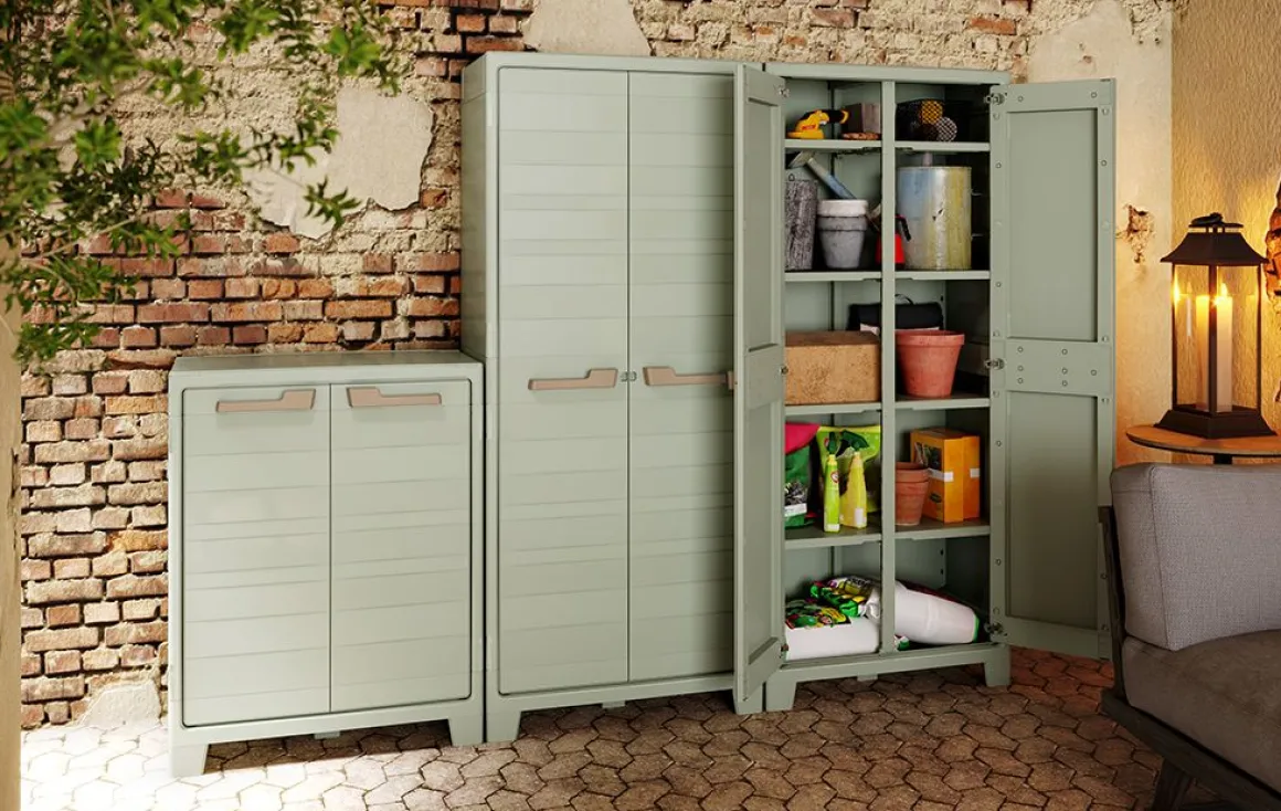 ARMADIO A RIPIANI/PORTASCOPE MOD. PLANET OUTDOOR IN RESINA CM 80X44 H 182 GRIGIO/VERDE: vendita online ARMADIO A RIPIANI/PORTASCOPE MOD. PLANET OUTDOOR IN RESINA CM 80X44 H 182 GRIGIO/VERDE in offerta