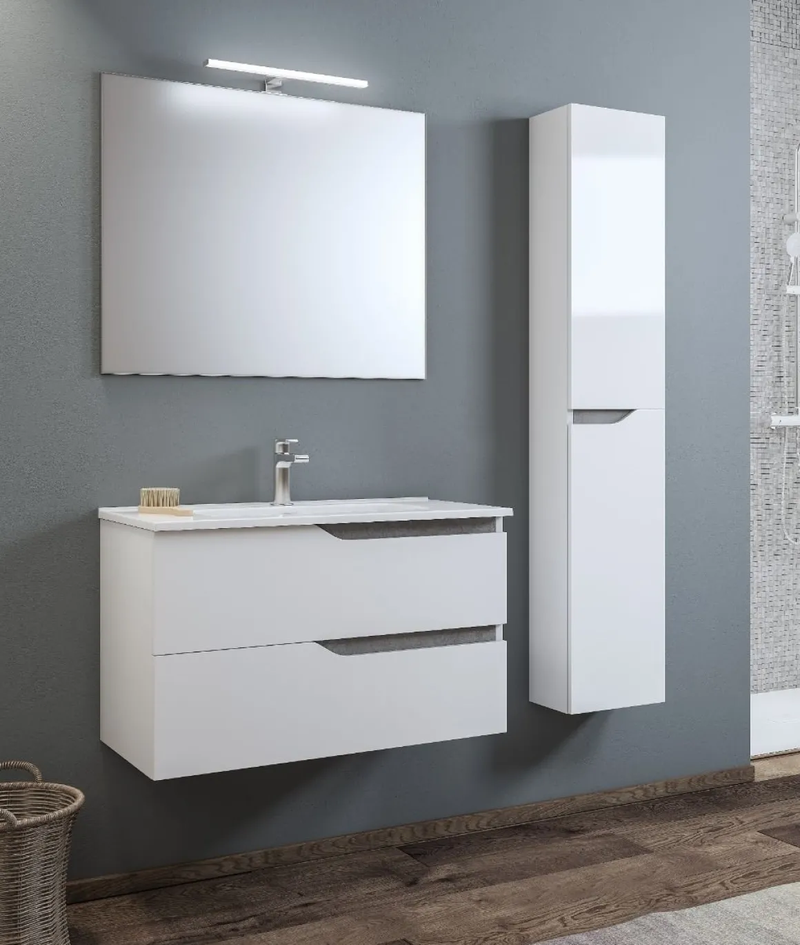 BAGNO COMPLETO GRACE2 LACCATO BIANCO LUCIDO CON PARTICOLARI CEMENTO