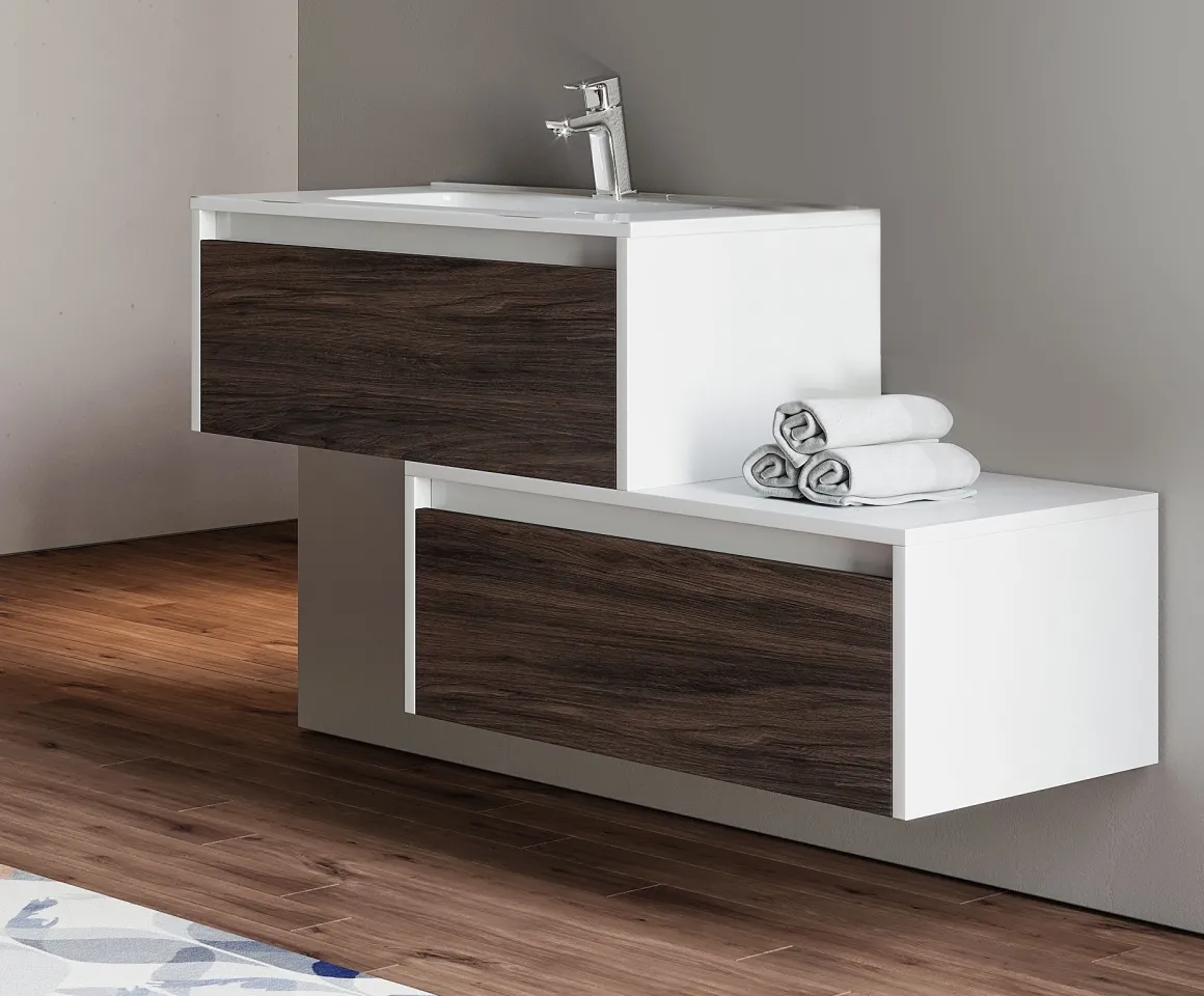 BASE BAGNO SOSPESA MOD. LUNA CM 112 BIANCO LUCIDO E OLMO CAFFE'