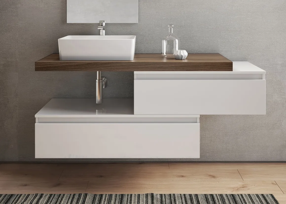 BASE BAGNO SOSPESA MOD. NINFA CM 140 BIANCO OPACO E TABACCO