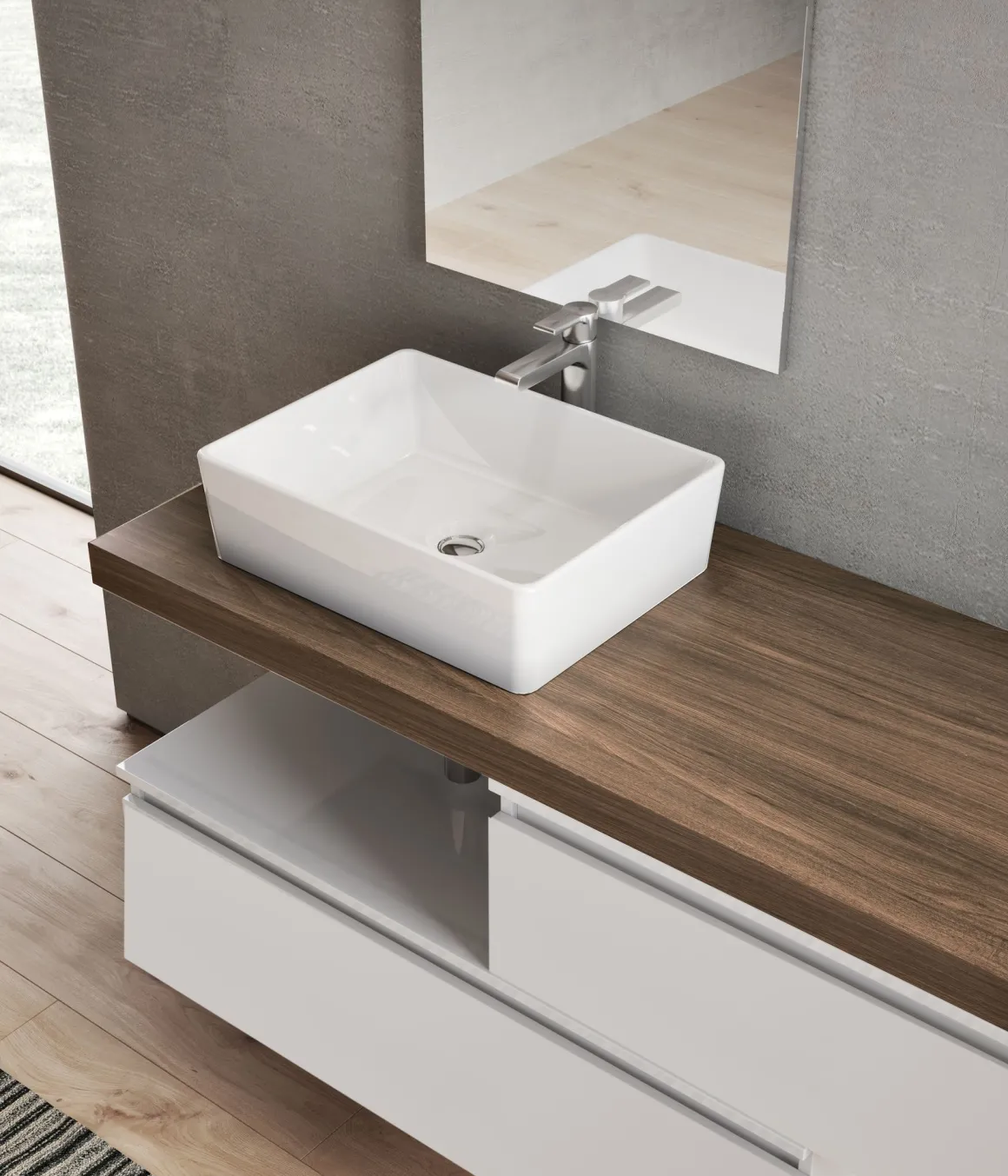BASE BAGNO SOSPESA MOD. NINFA CM 140 BIANCO OPACO E TABACCO