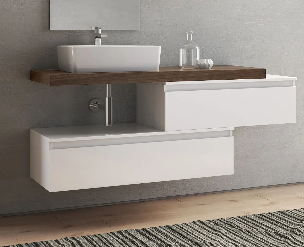 BASE BAGNO SOSPESA MOD. NINFA CM 140 BIANCO OPACO E TABACCO