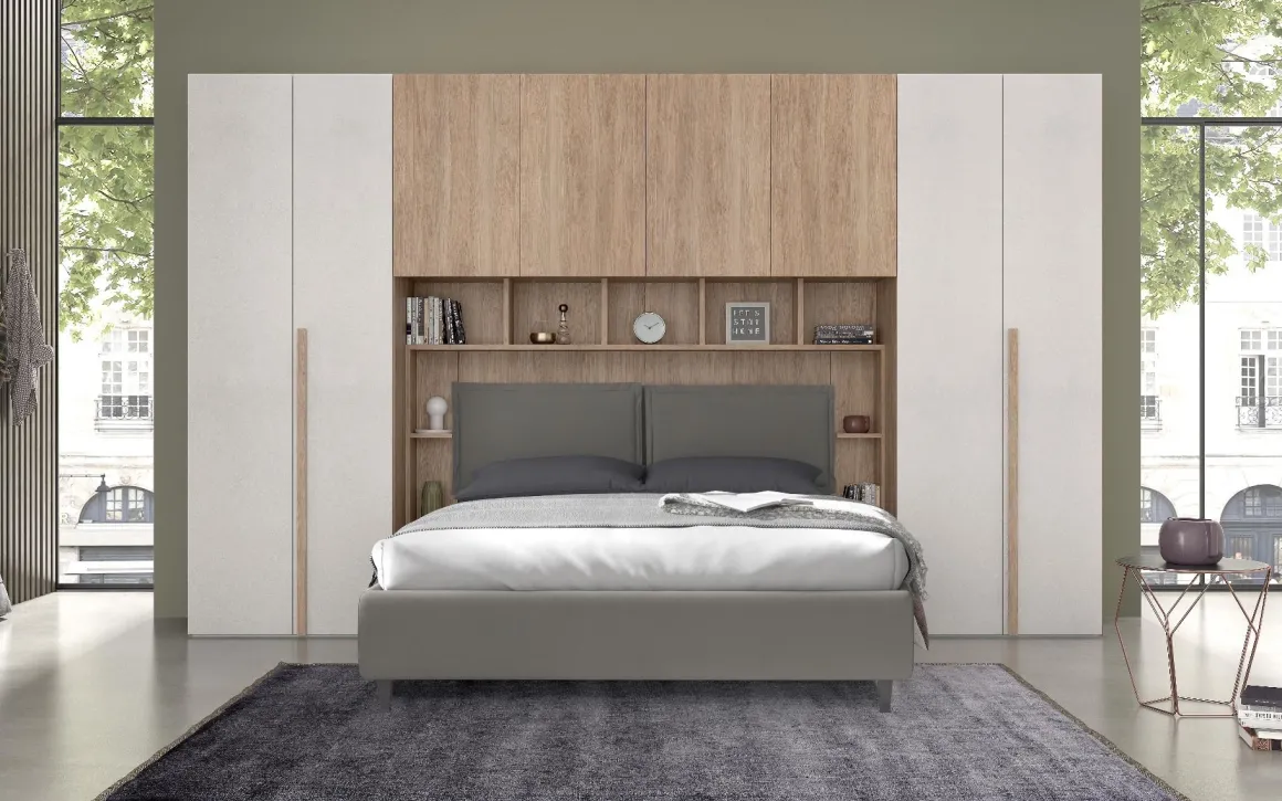 Camera da letto moderna con armadio a ponte noce e spatolato