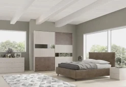 Camera matrimoniale moderna con letto contenitore spatolato e bronzo