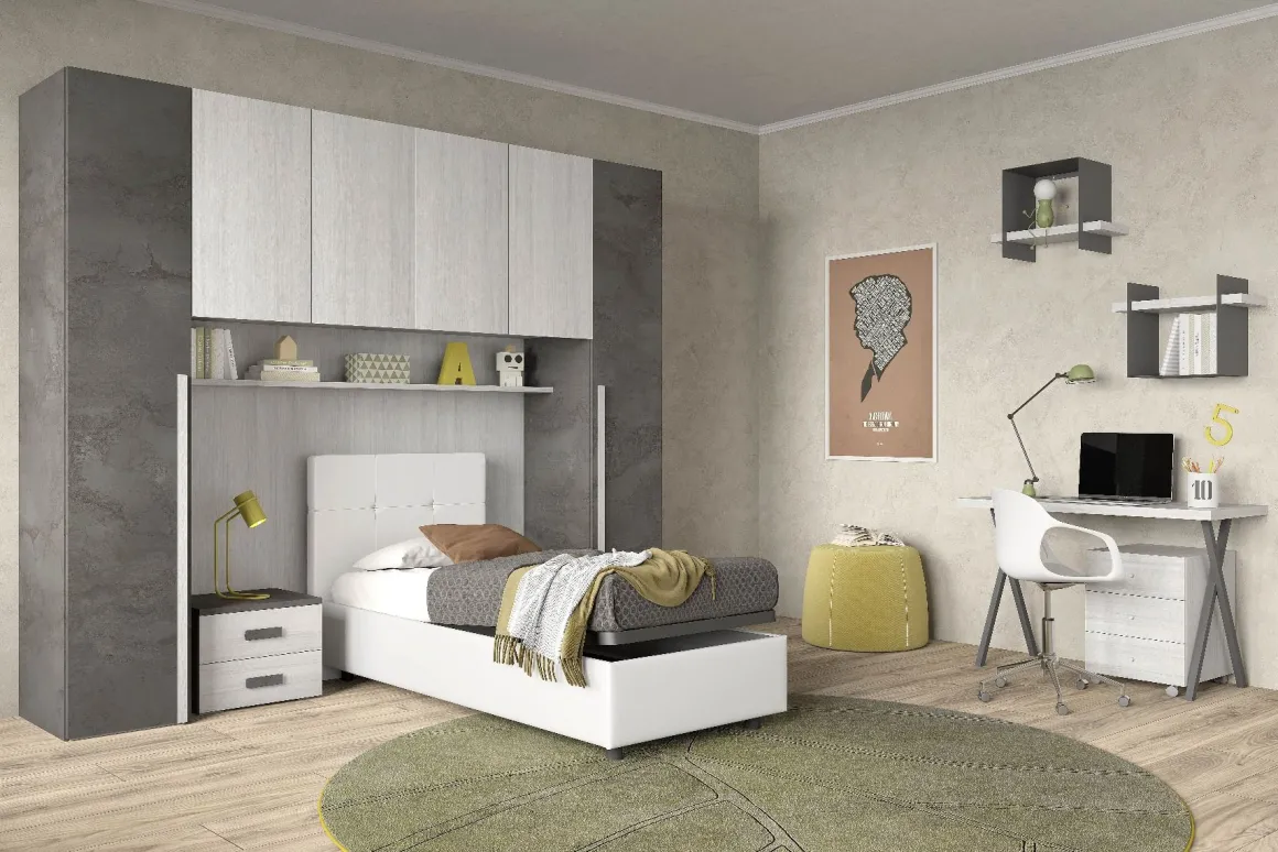 CAMERETTA OSSIDO E ROVERE NORDICO CON LETTO SINGOLO CONTENITORE