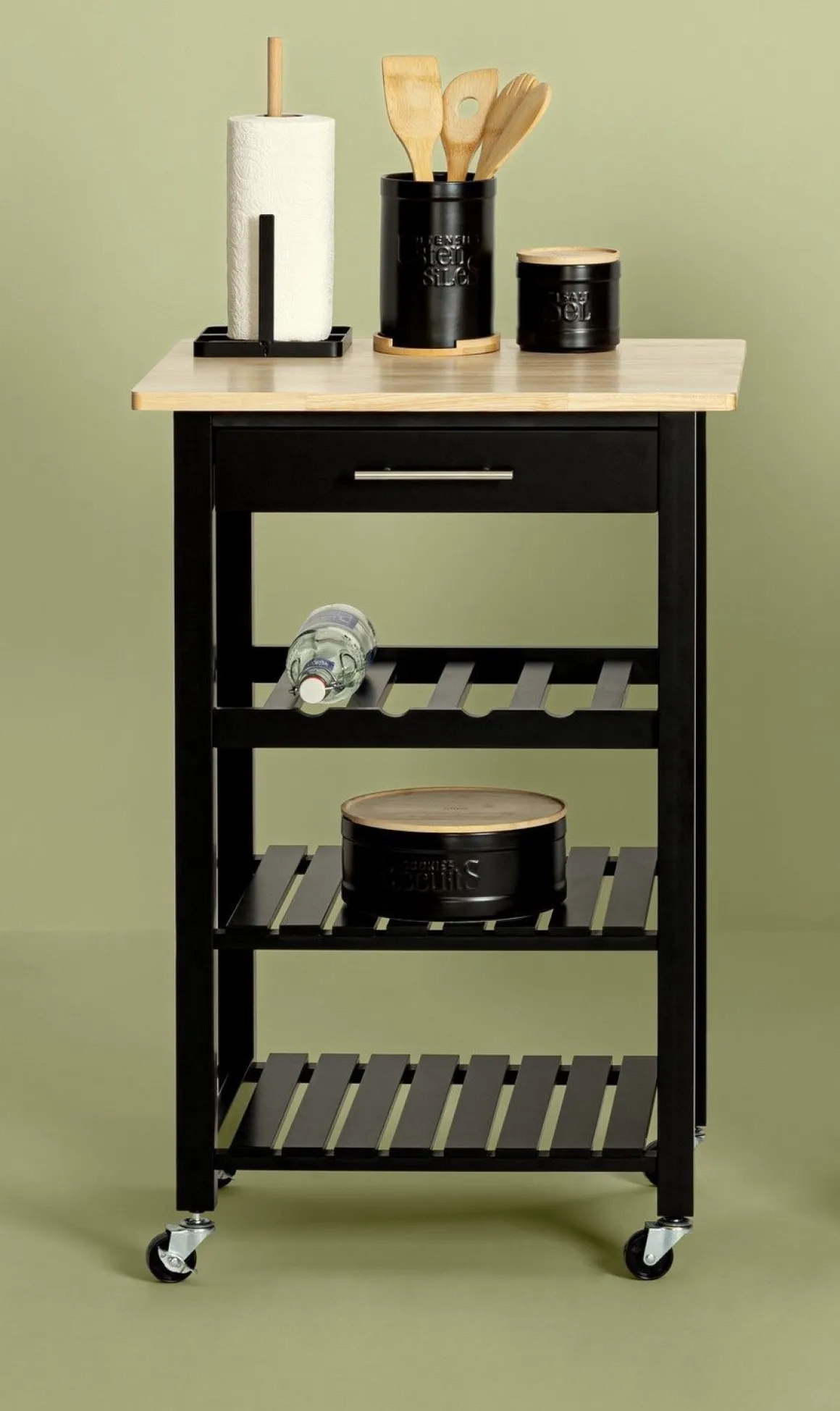 CARRELLO DA CUCINA CLAUDE CM 58X48 H.87 IN MDF NERO E NATURALE