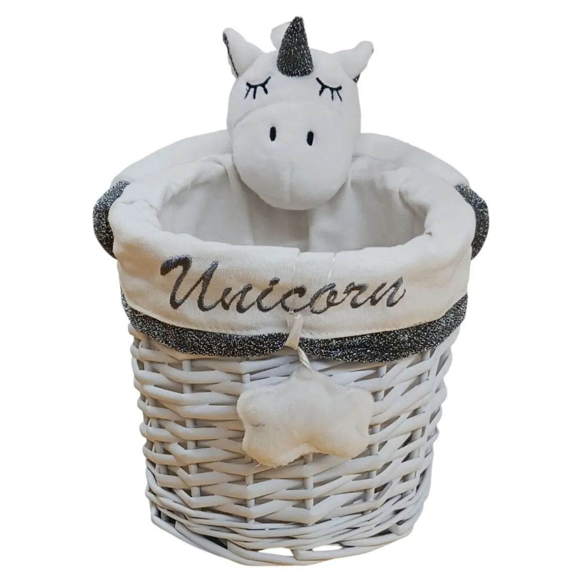 CESTO IN RATTAN BIANCO CON UNICORNO 1 PEZZO D18XH16CM : vendita online CESTO IN RATTAN BIANCO CON UNICORNO 1 PEZZO D18XH16CM in offerta