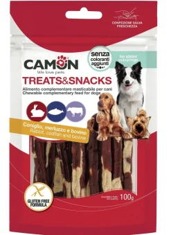 CIBO PER CANI CON CONIGLIO - MERLUZZO E PELLE BOVINA: CHEWY STRIPES 100GR