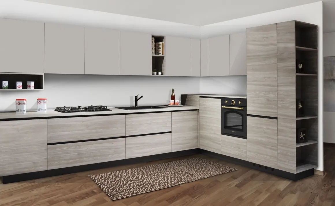 CUCINA COMPONIBILE NOCE GRIGIO E UTOPIA SETA
