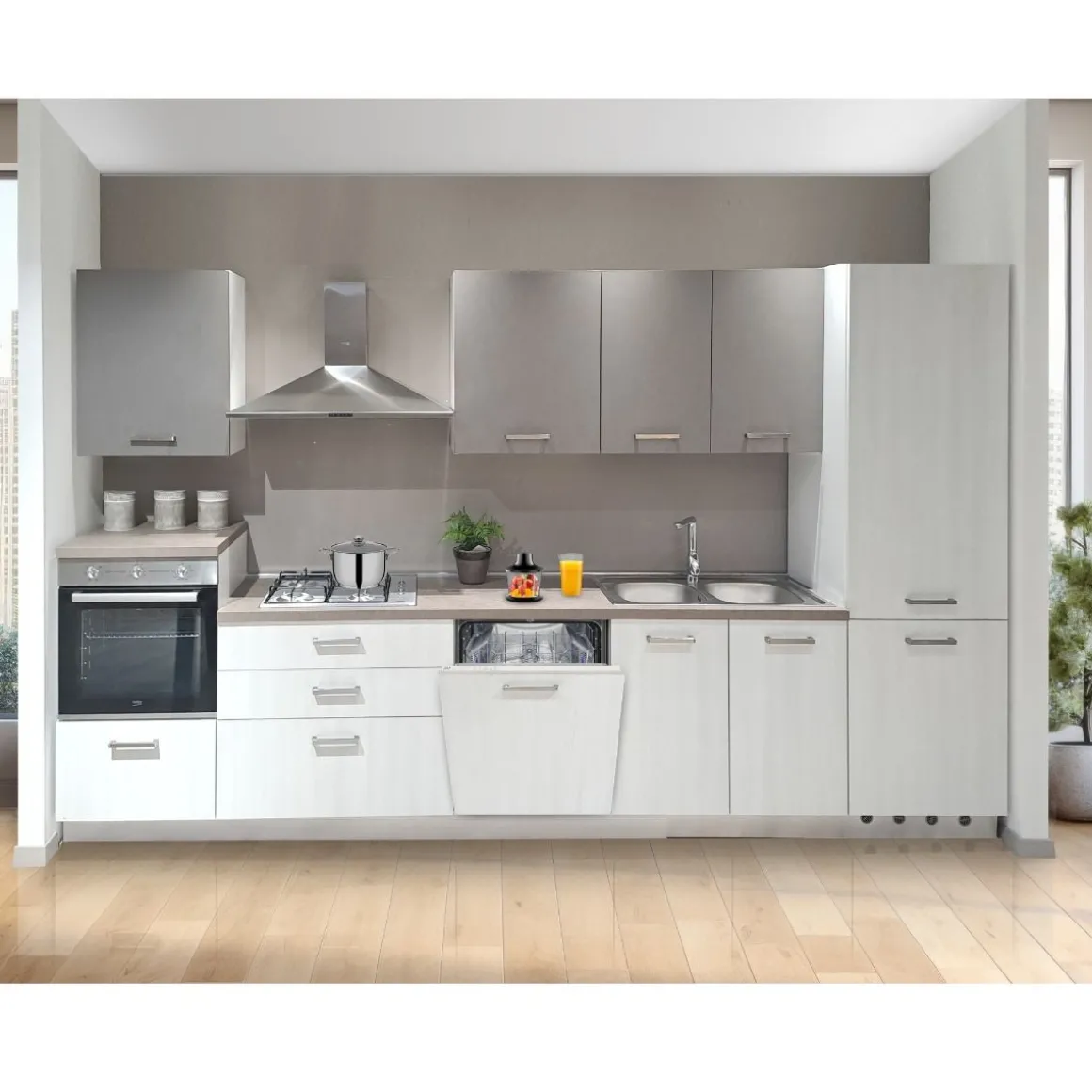 Cucina Completa in Offerta: I dea Olmo Bianco E Utopia Piombo Versione Destra Cm 360x60 H. 216