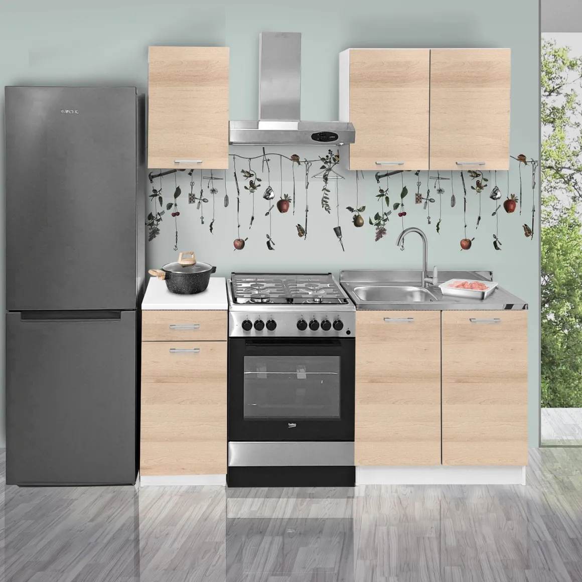 CUCINA COMPONIBILE CM 180 BIANCO E ROVERE ARTISAN