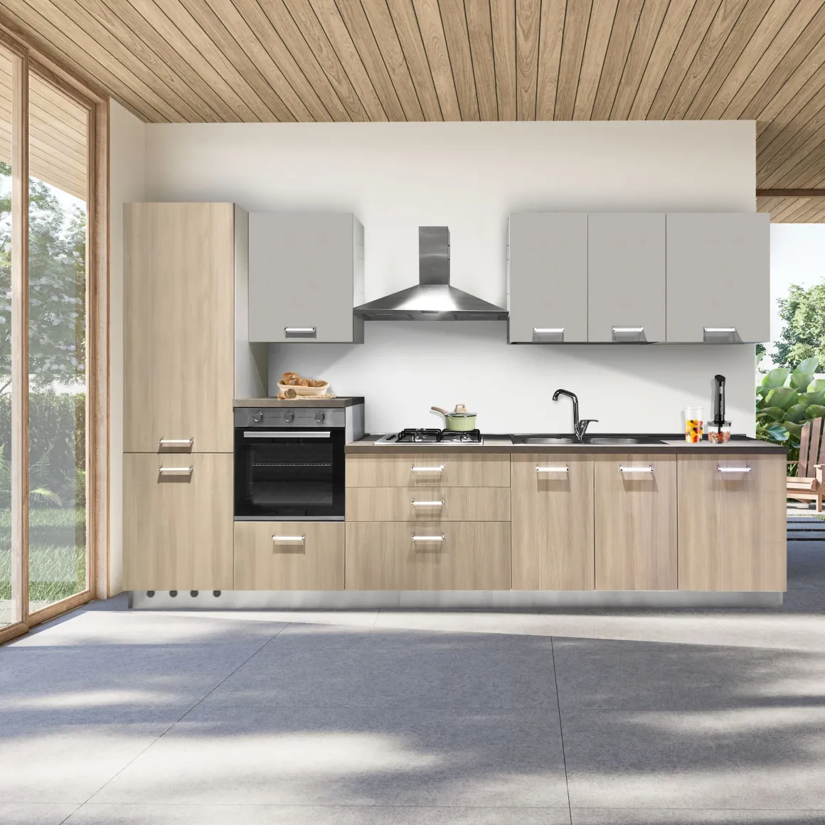 CUCINA MOD. IDEA CM 360X60 H. 216 LEGNO BEIGE E UTOPIA SETA VERSIONE SINISTRA