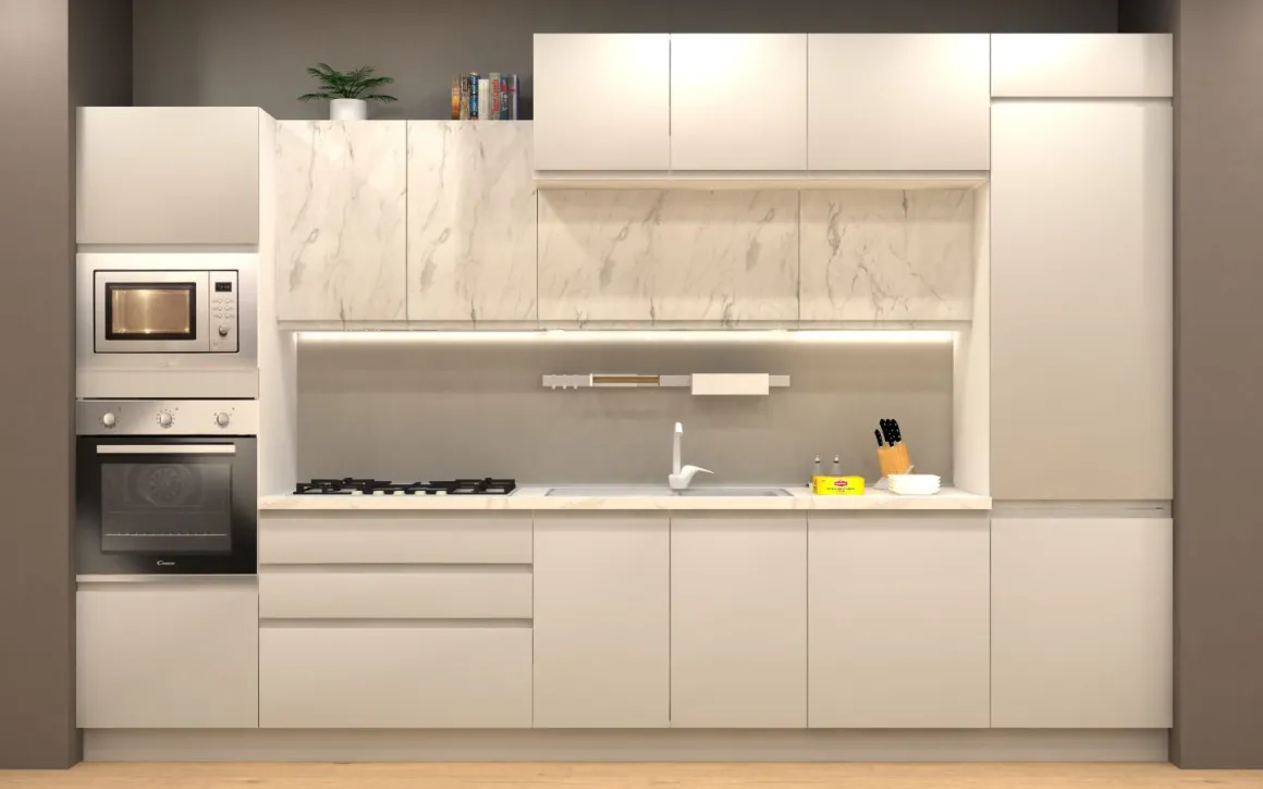 CUCINA MOD. KELLY CM 360X60 H.240 GRIGIO SASSO ED EFFETTO MARMO BIANCO PROMO TORO