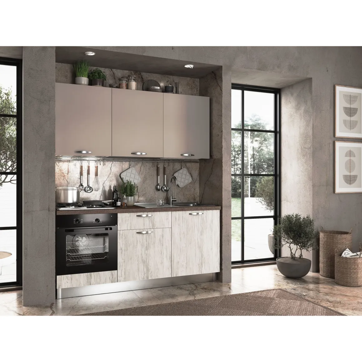 CUCINA MOD.MIRA COMP. ALBA CM 180X60 H.216 ROVERE BIANCO E FANGO OPACO