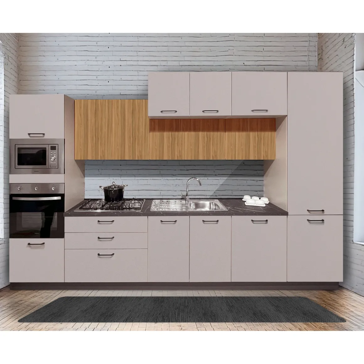 CUCINA MOD. SANDY CM 360X60 H. 240/216 CANAPA POLVERE E NOCE NATURALE PROMO TORO