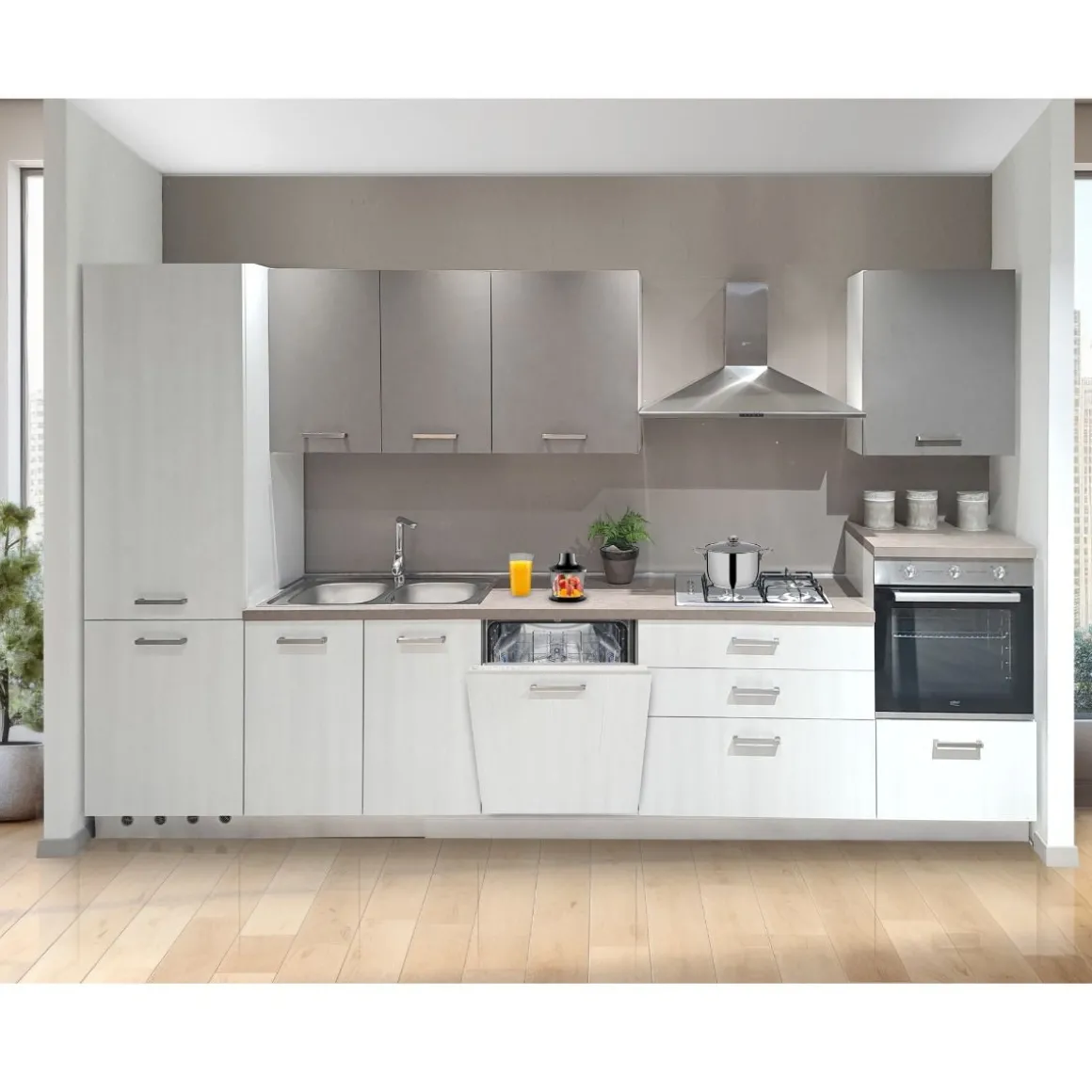 Cucina Offerta Completa: Idea Cm 360x60 H. 216 Olmo Bianco E Utopia Piombo Versione Sinistra