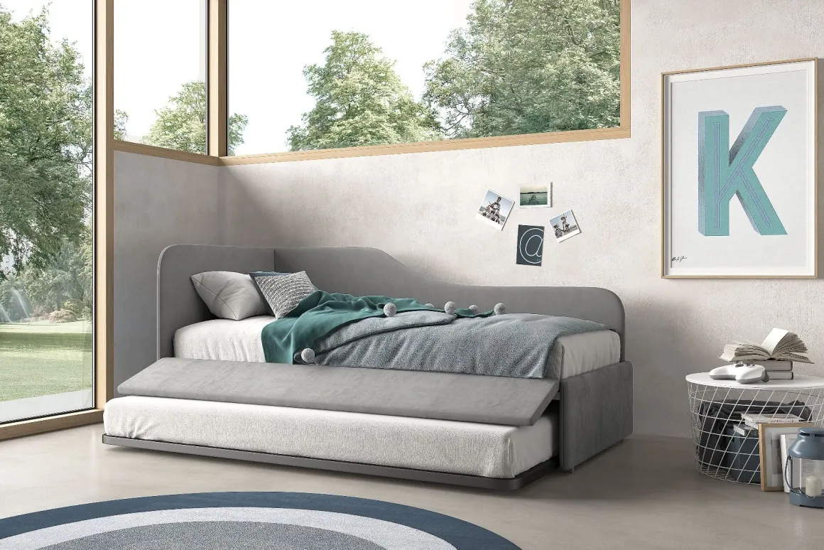 DIVANO LETTO SINGOLO ESTRAIBILE IN TESSUTO GRIGIO