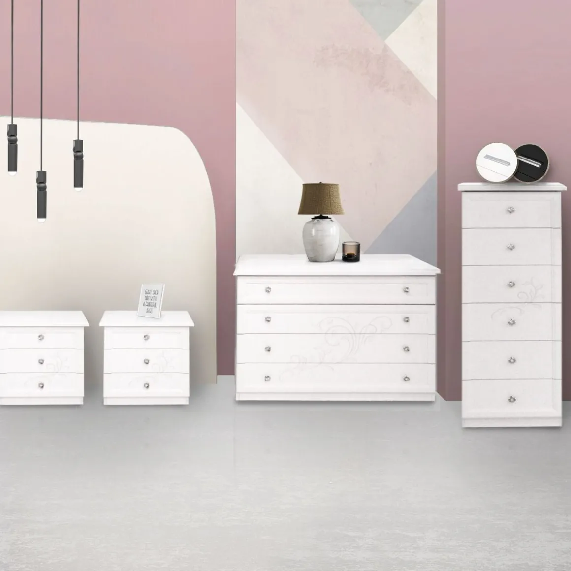GRUPPO LETTO SARA FRASSINO BIANCO CON DECORAZIONE GLITTER