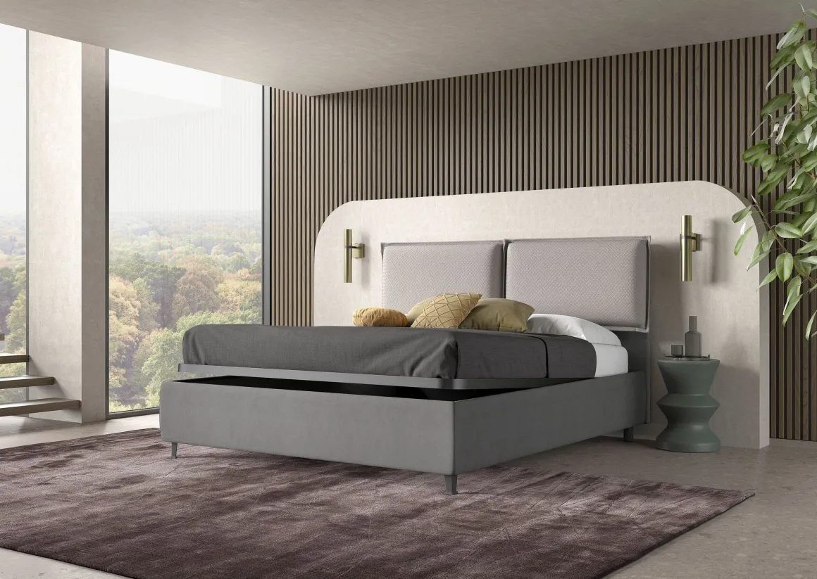 LETTO MATRIMONIALE CON CONTENITORE IN TESSUTO ED ECOPELLE GRIGIO