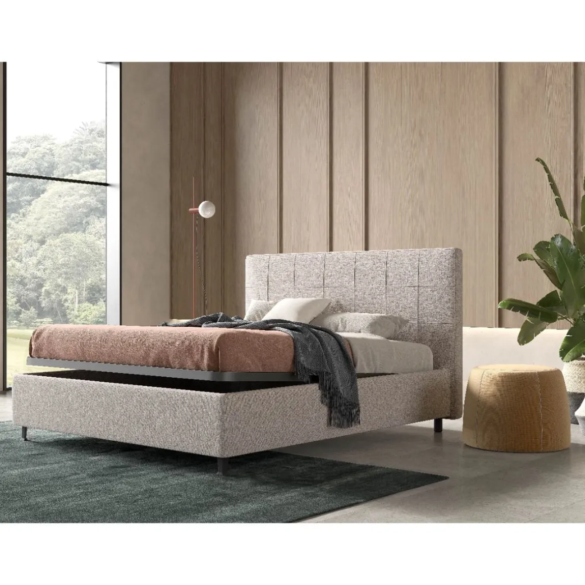 LETTO MATRIMONIALE CON CONTENITORE IN TESSUTO BEIGE