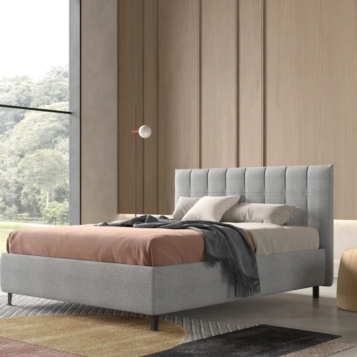 LETTO MATRIMONIALE CON CONTENITORE IN TESSUTO GRIGIO CHIARO
