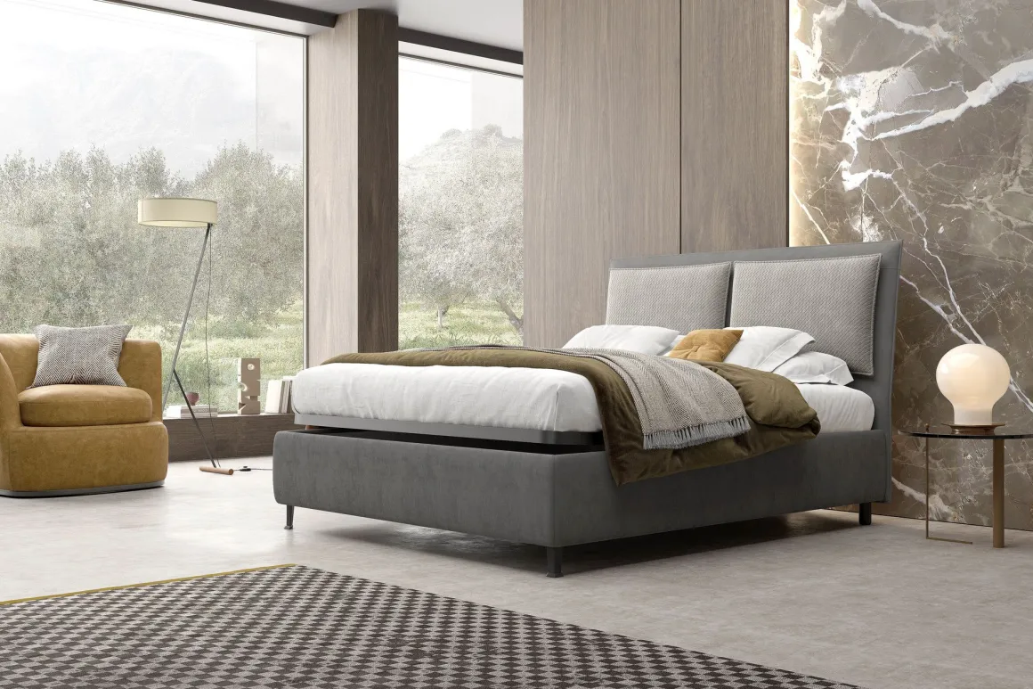 LETTO MATRIMONIALE CON CONTENITORE MODELLO IN TESSUTO GRIGIO