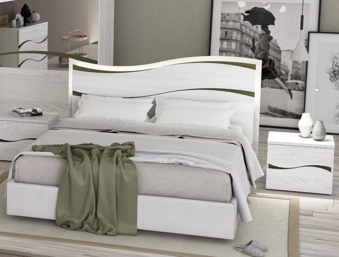 LETTO MATRIMONIALE CONTENITORE KARAKUM OLMO BIANCO ED ECOPELLE BIANCA