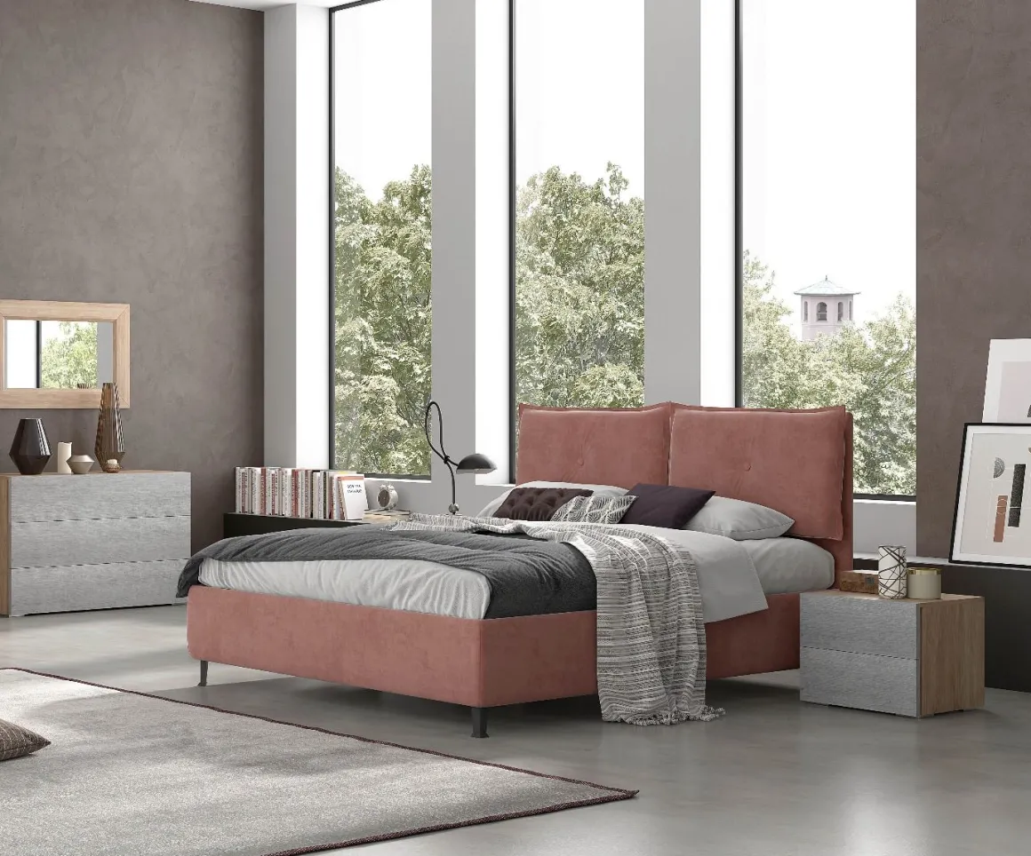 Letto matrimoniale contenitore IRIS in tessuto rosa