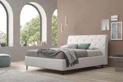 LETTO MATRIMONIALE CONTENITORE IN ECOPELLE BIANCA CON BOTTONI BRILLANTI