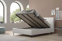 LETTO MATRIMONIALE CONTENITORE IN ECOPELLE BIANCA CON BOTTONI BRILLANTI