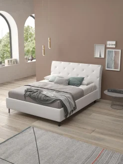 LETTO MATRIMONIALE CONTENITORE IN ECOPELLE BIANCA CON BOTTONI BRILLANTI