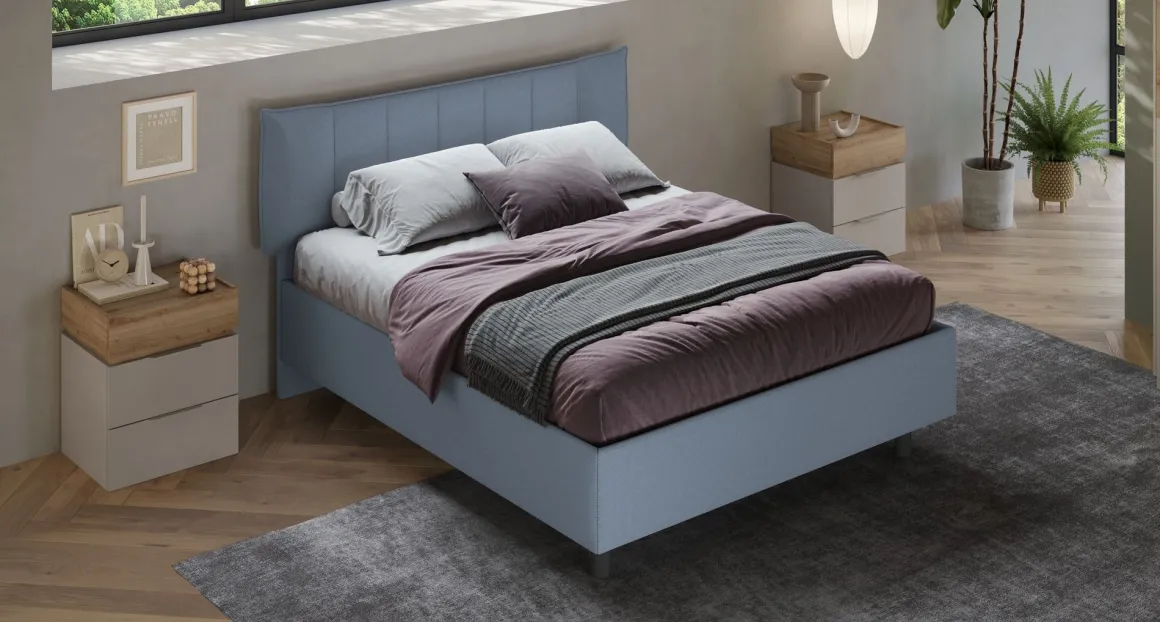 LETTO MATRIMONIALE CONTENITORE MOD. HUG TESSUTO AZZURRO POLVERE