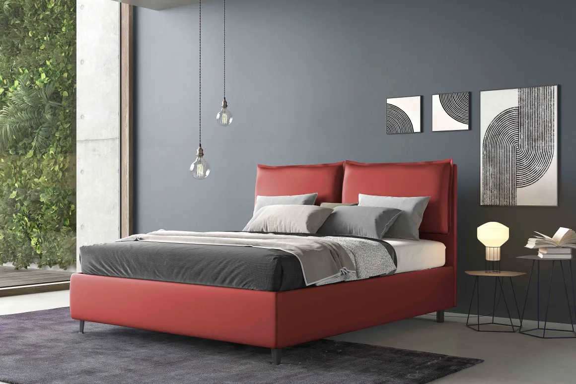 Letto matrimoniale in ecopelle rossa modello LOTO con contenitore