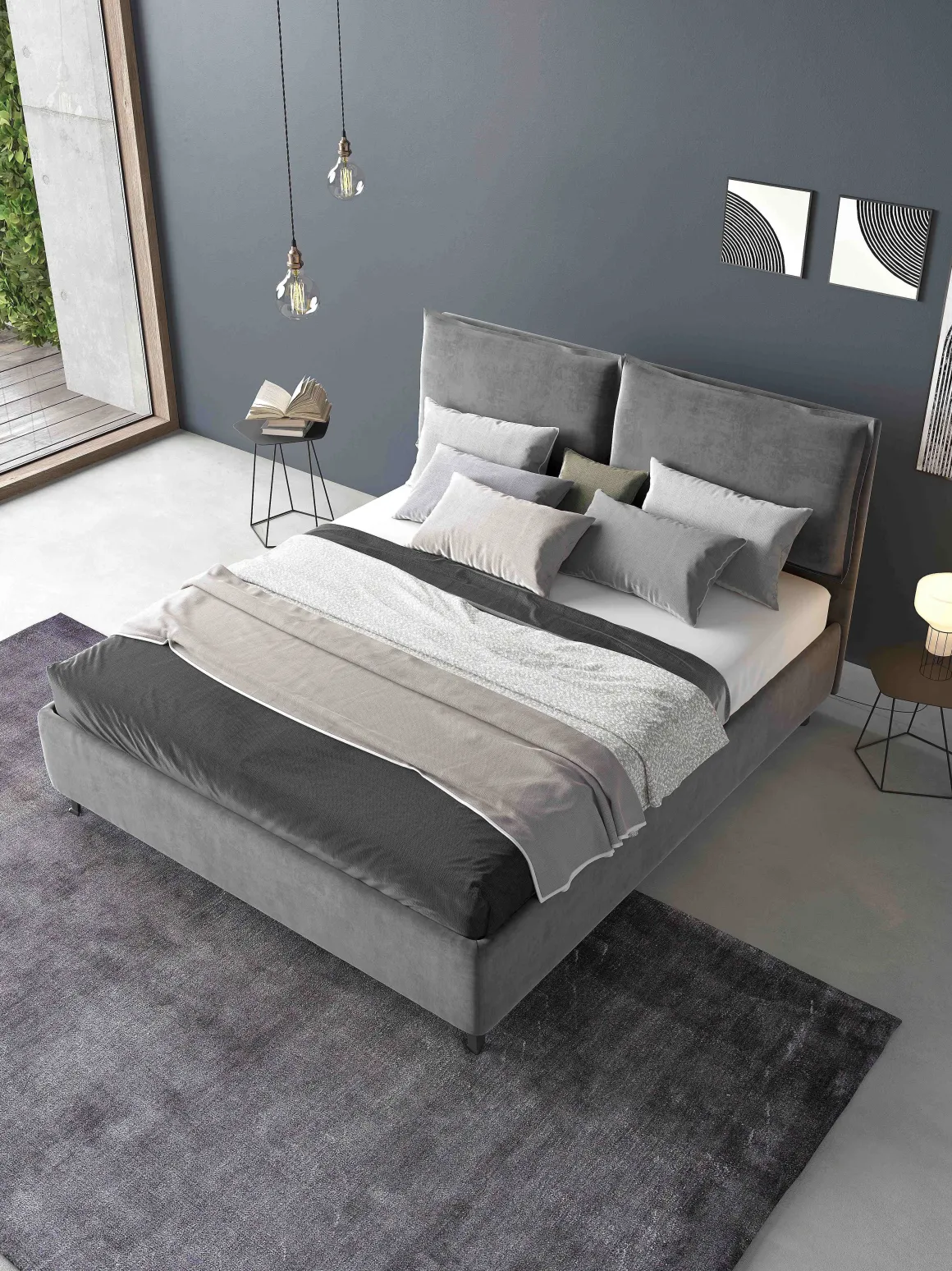 Letto matrimoniale LOTO in tessuto grigio con contenitore