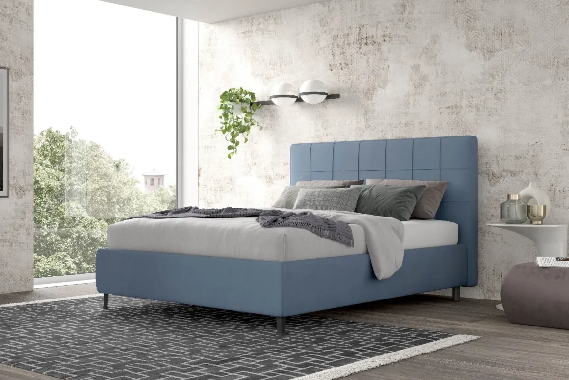 Letto matrimoniale Mykonos con contenitore in tessuto nubuk