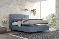 Letto matrimoniale Mykonos con contenitore in tessuto nubuk