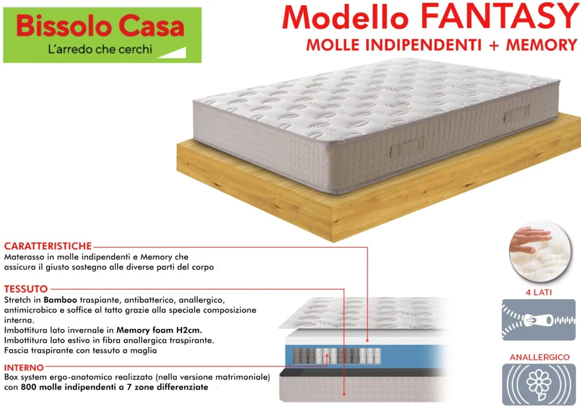 MATERASSO FANTASY 1 PIAZZA E 1/2 120X190 CM A MOLLE INDIPENDENTI E MEMORY