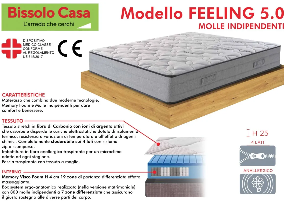 MATERASSO FEELING 5.0 1 PIAZZA E 1/2 120X190CM A MOLLE INDIPENDENTI