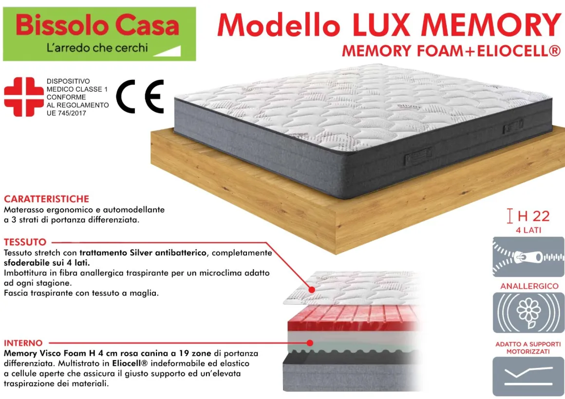 MATERASSO LUX MEMORY 1 PIAZZA E 1/2 120X190CM IN MEMORY FOAM ED ELIOCELL