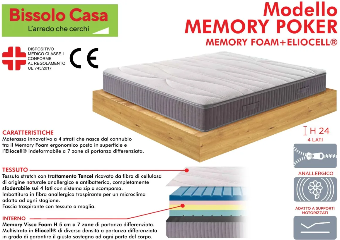 MATERASSO MEMORY POKER 1 PIAZZA E 1/2 120X190 CM IN MEMORY FOAM ED ELIOCELL