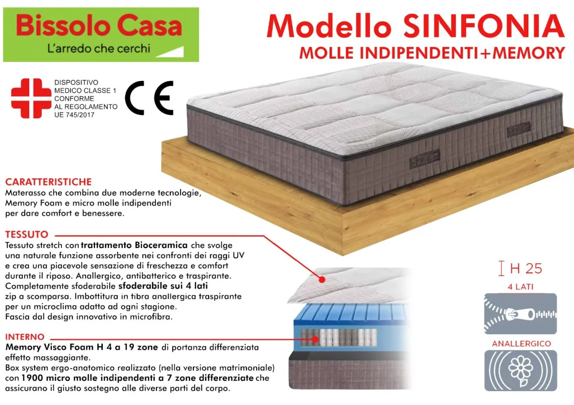 MATERASSO SINFONIA SINGOLO 80X190CM A MOLLE INDIPENDENTI E MEMORY