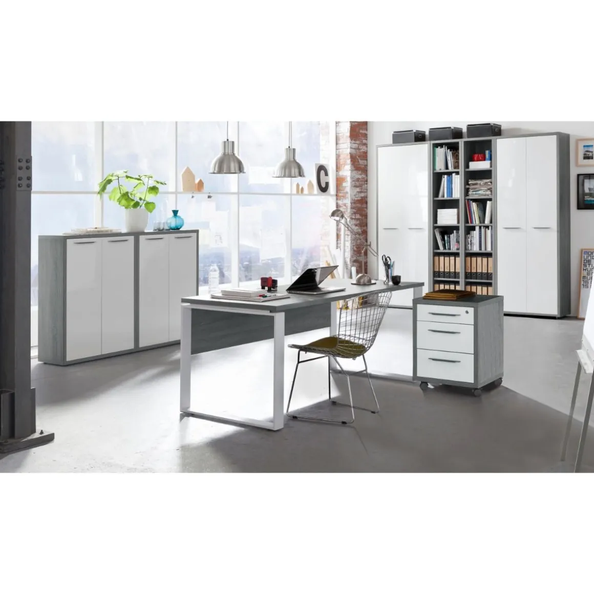 MOBILI UFFICIO COMPLETI a prezzi bassi: finitura IN LAMINATO CEMENTO E BIANCO LUCIDO