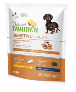 NATURAL TRAINER DOG ADULTO SMALL & TOY SENSITIVE SALMONE E CEREALI INTEGRALI KG 0.8: vendita online NATURAL TRAINER DOG ADULTO SMALL & TOY SENSITIVE SALMONE E CEREALI INTEGRALI KG 0.8 in offerta