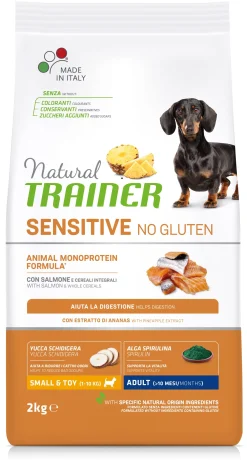 NATURAL TRAINER DOG ADULTO SMALL & TOY SENSITIVE SALMONE E CEREALI INTEGRALI KG 2: vendita online NATURAL TRAINER DOG ADULTO SMALL & TOY SENSITIVE SALMONE E CEREALI INTEGRALI KG 2 in offerta