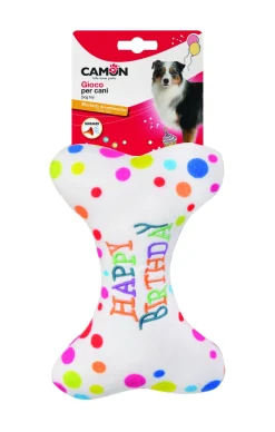 OSSO HAPPY BIRTHDAY IN POLIESTERE CON SQUEAKER 18CM: vendita online OSSO HAPPY BIRTHDAY IN POLIESTERE CON SQUEAKER 18CM in offerta