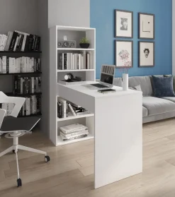 Scrivania reversibile con libreria a cinque ripiani in laminato bianco