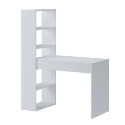 Scrivania reversibile con libreria a cinque ripiani in laminato bianco