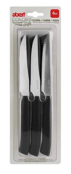 SET 6 COLTELLI CUCINA/CARNE/PIZZA CON MANICO NERO 11CM