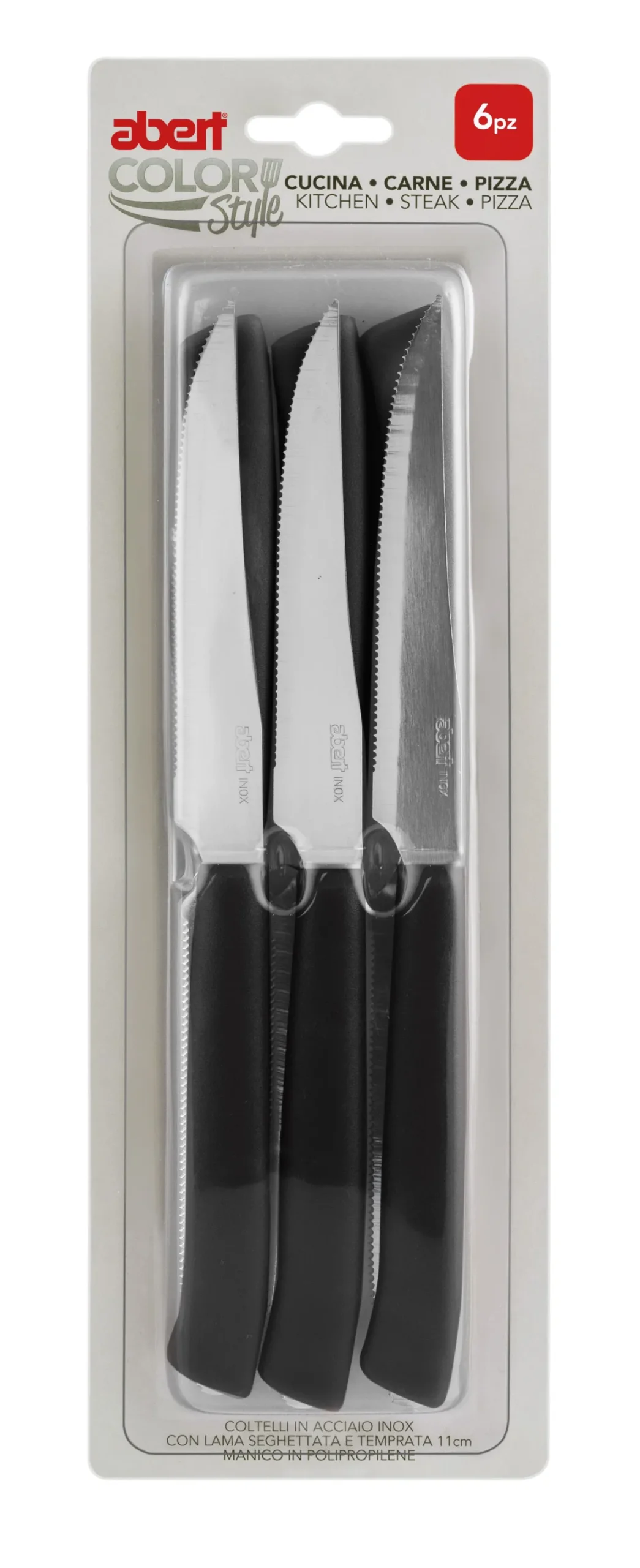 SET 6 COLTELLI CUCINA/CARNE/PIZZA CON MANICO NERO 11CM