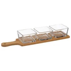 SET APERITIVO CON TAGLIERE IN BAMBU' E 3 CIOTOLINE IN VETRO
